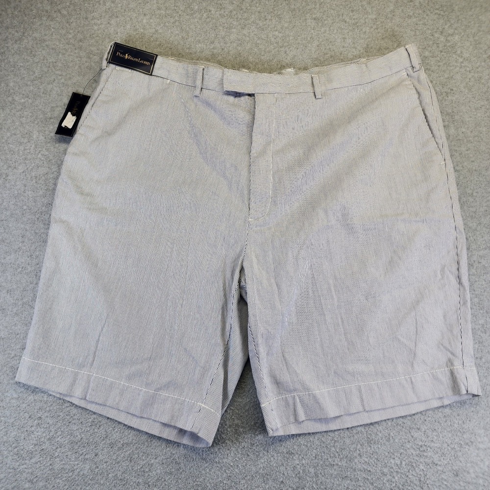 NEW‎ Polo Ralph Lauren Men's 46B Big Chino Shorts Striped White Blue Flat Front